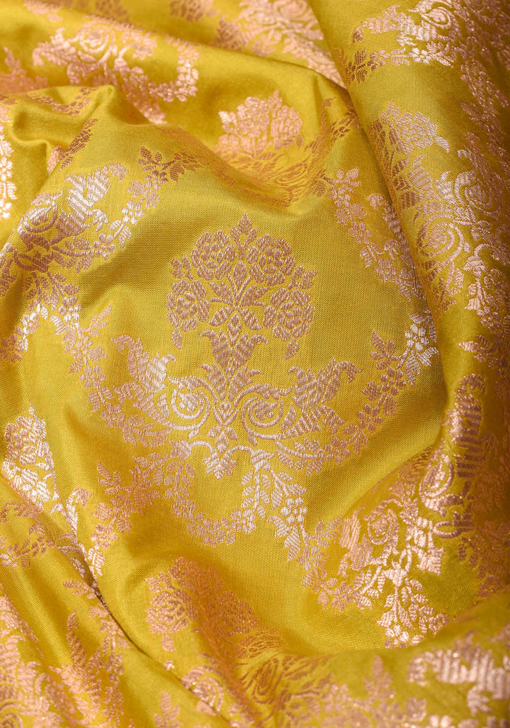 Moss Yellow Katan Silk Saree with Floral Jaal and Zari Border | SILK MARK CERTIFIED