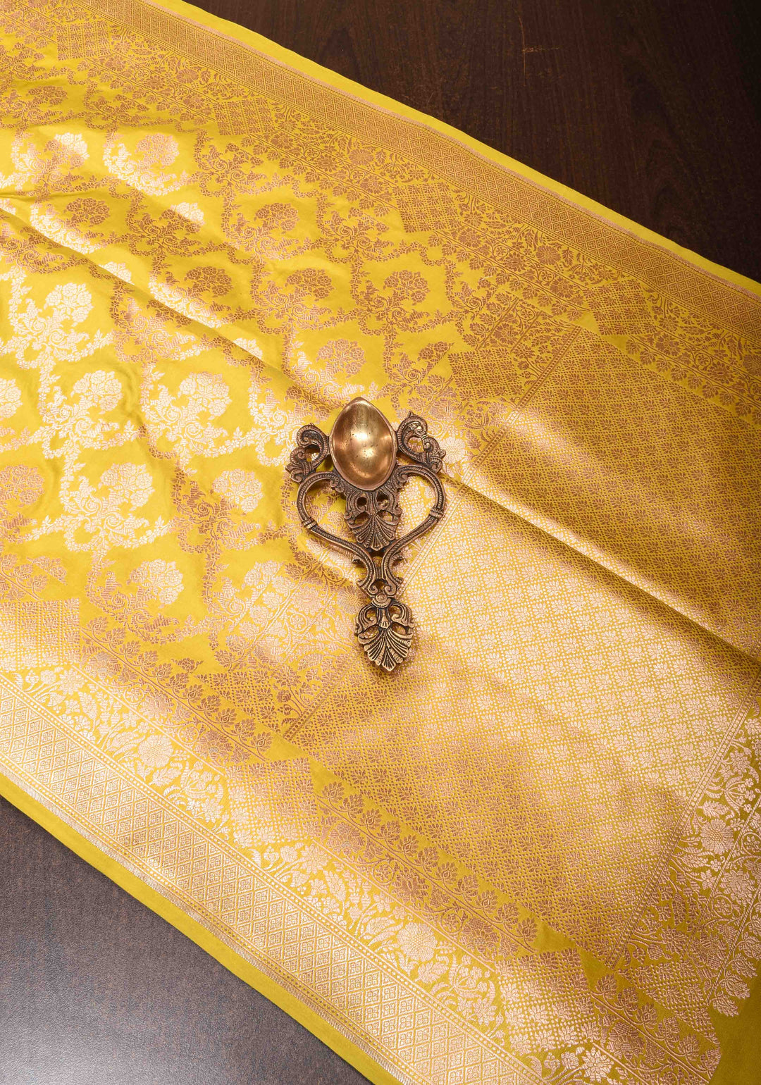 Moss Yellow Katan Silk Saree with Floral Jaal and Zari Border | SILK MARK CERTIFIED