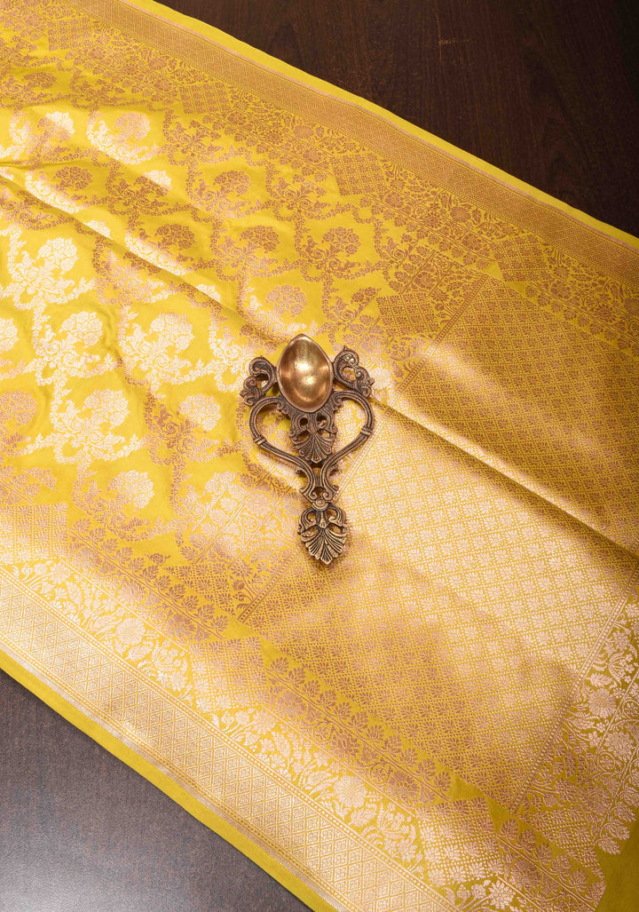 Moss Yellow Katan Silk Saree with Floral Jaal and Zari Border | SILK MARK CERTIFIED