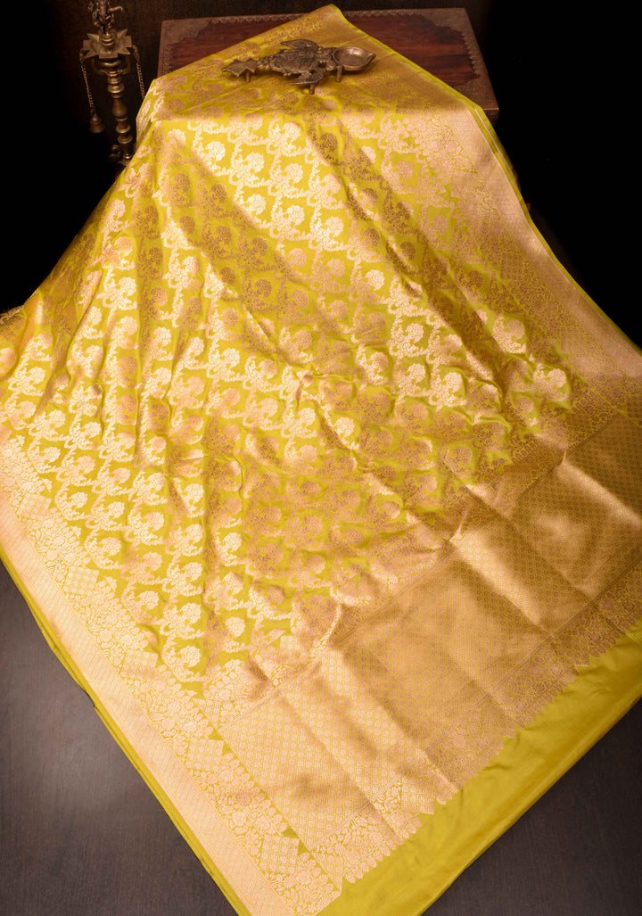 Moss Yellow Katan Silk Saree with Floral Jaal and Zari Border | SILK MARK CERTIFIED