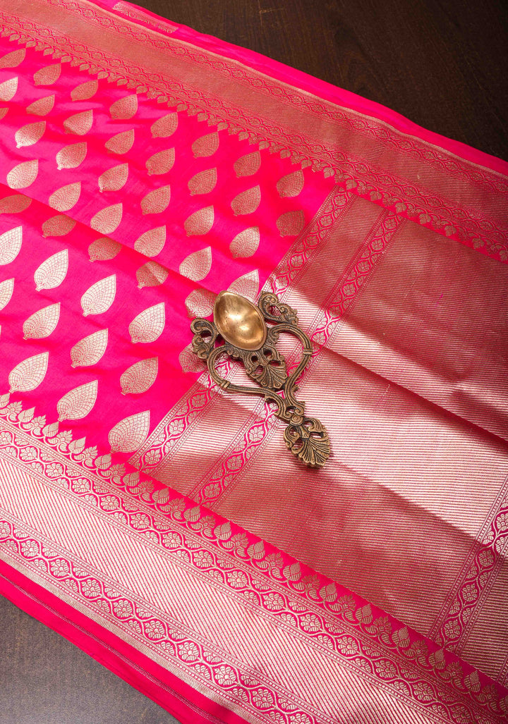 Dark Pink Banarasi Brocade Katan Silk Saree with Zari Border | SILK MARK CERTIFIED