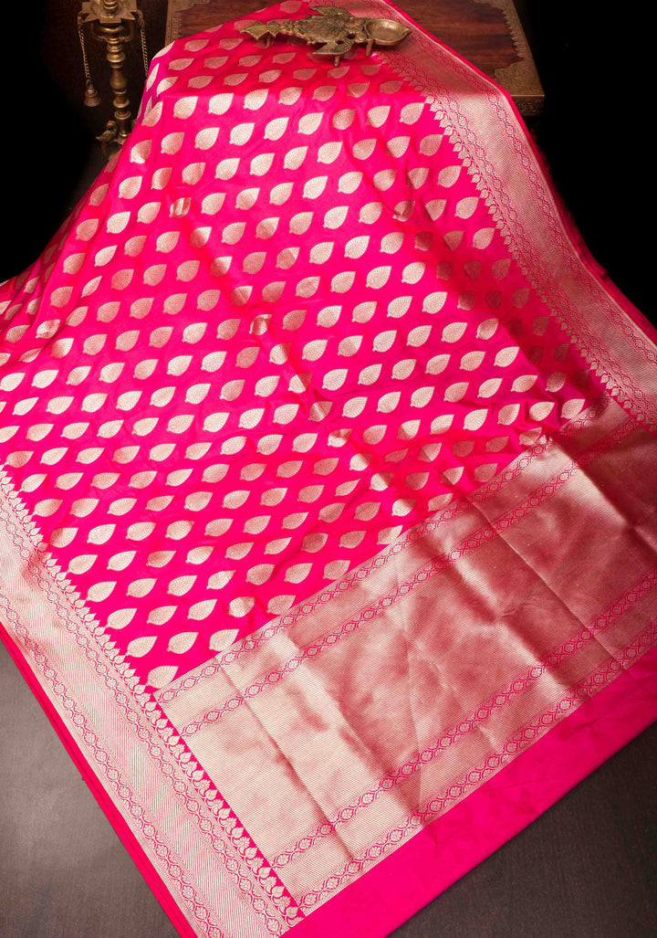Dark Pink Banarasi Brocade Katan Silk Saree with Zari Border | SILK MARK CERTIFIED
