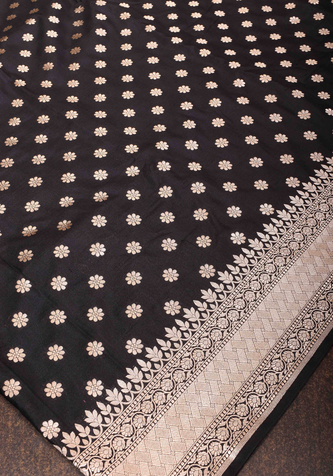 Banarasi Pure Katan Silk Saree in Black with Chunri Buttis and Zari Border | SILK MARK CERTIFIED