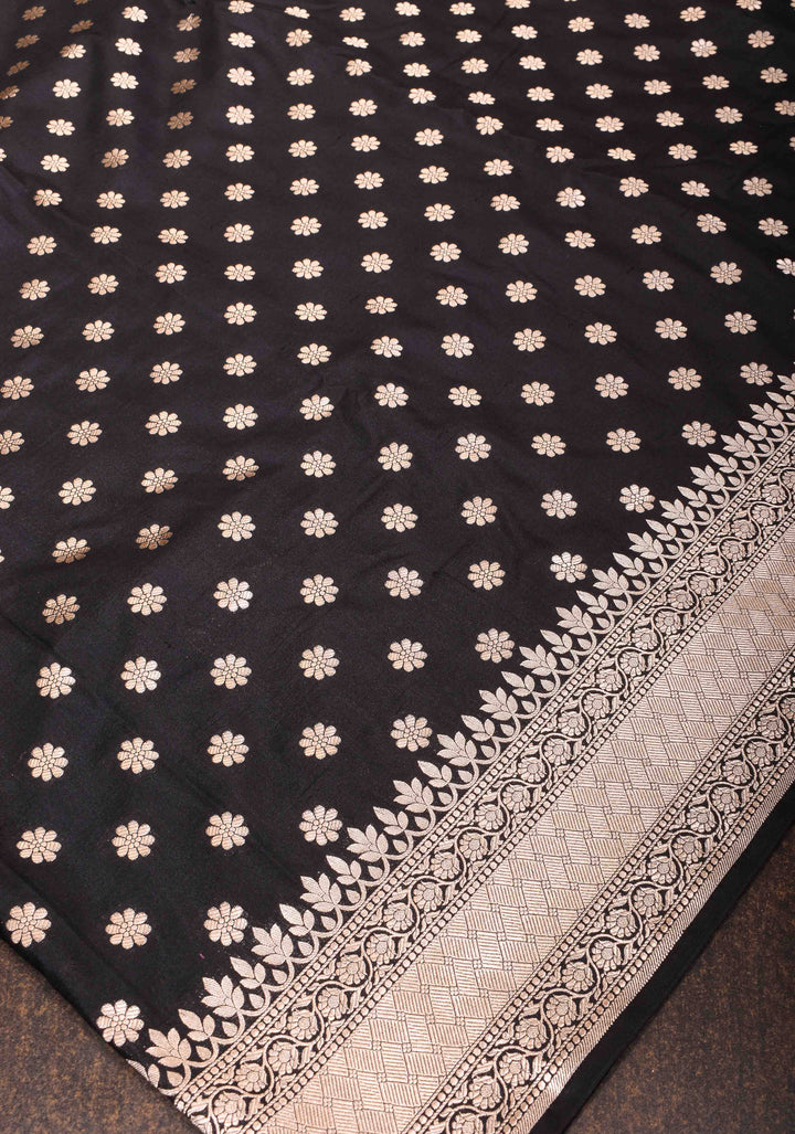 Banarasi Pure Katan Silk Saree in Black with Chunri Buttis and Zari Border | SILK MARK CERTIFIED