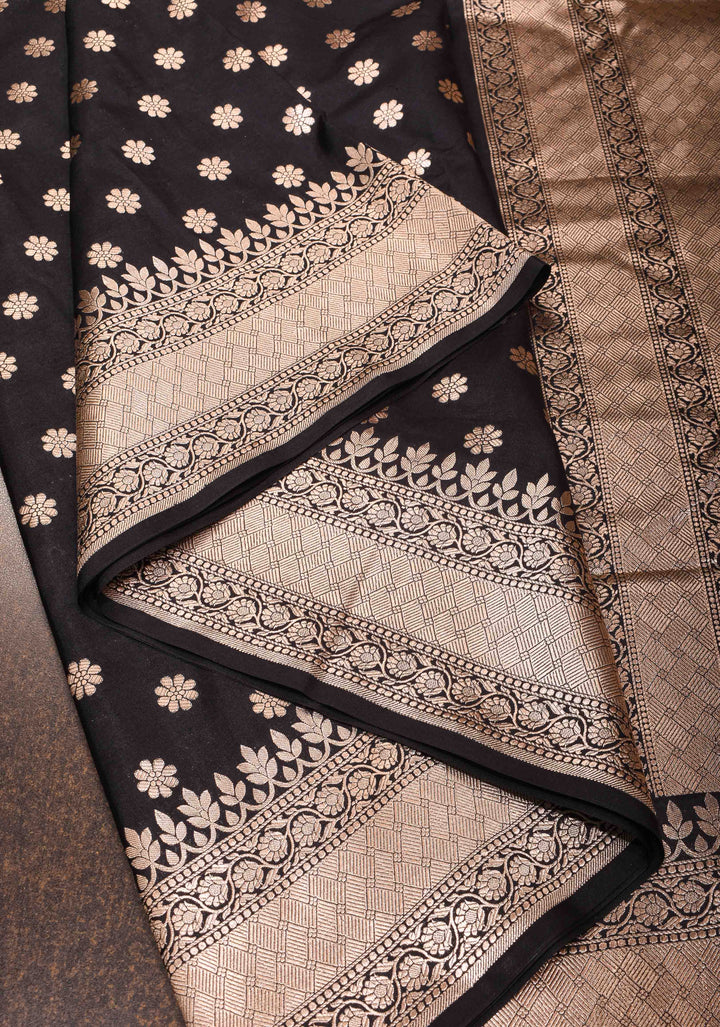 Banarasi Pure Katan Silk Saree in Black with Chunri Buttis and Zari Border | SILK MARK CERTIFIED