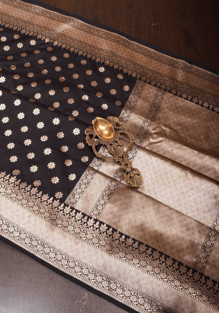 Banarasi Pure Katan Silk Saree in Black with Chunri Buttis and Zari Border | SILK MARK CERTIFIED