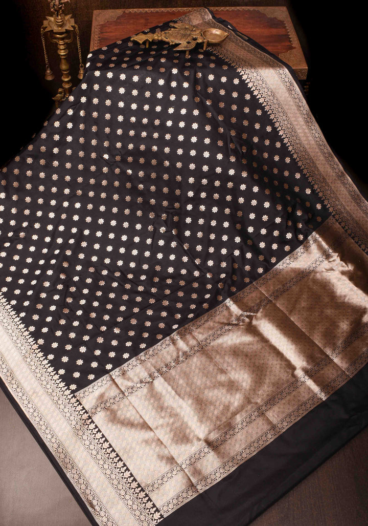 Banarasi Pure Katan Silk Saree in Black with Chunri Buttis and Zari Border | SILK MARK CERTIFIED