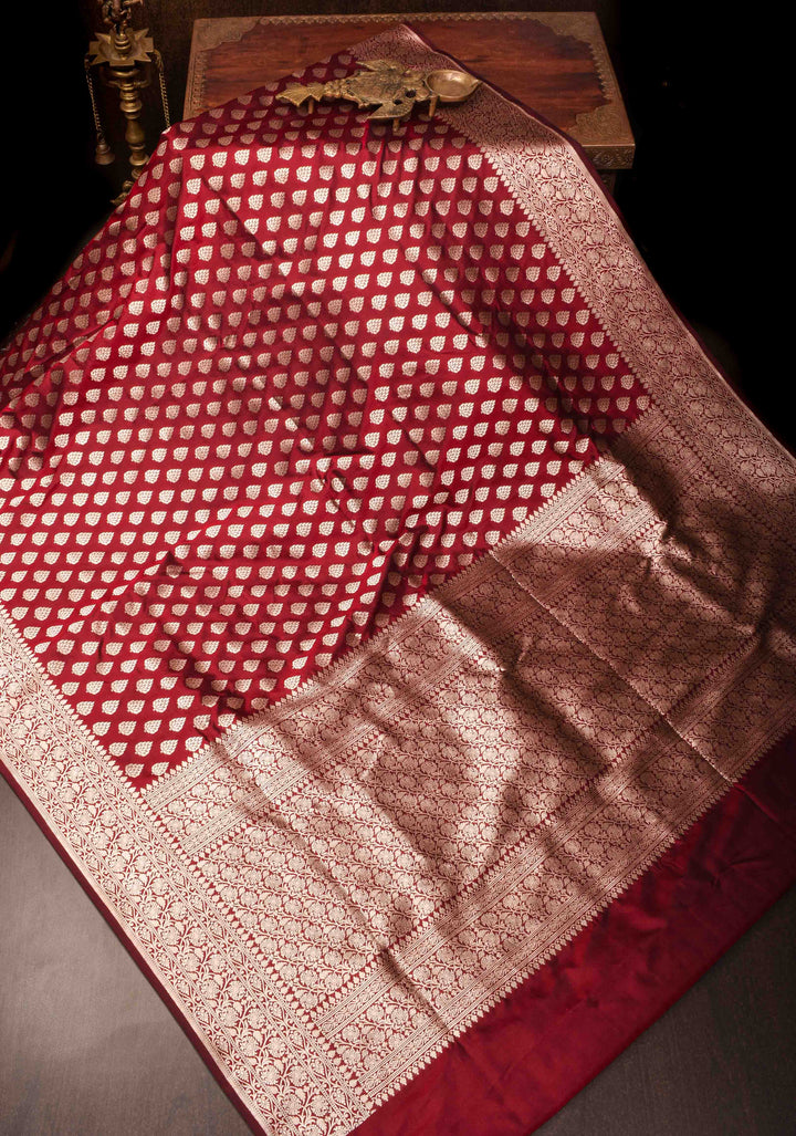 Maroon Banarasi Katan Silk Saree with damask motifs and zari border | SILK MARK CERTIFIED