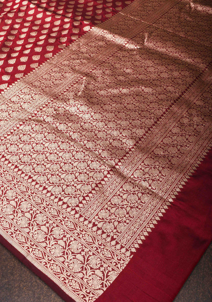 Maroon Banarasi Katan Silk Saree with damask motifs and zari border | SILK MARK CERTIFIED