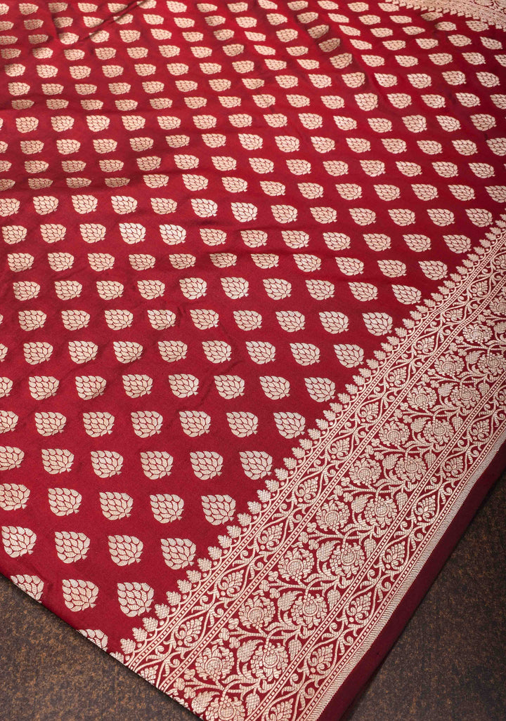 Maroon Banarasi Katan Silk Saree with damask motifs and zari border | SILK MARK CERTIFIED
