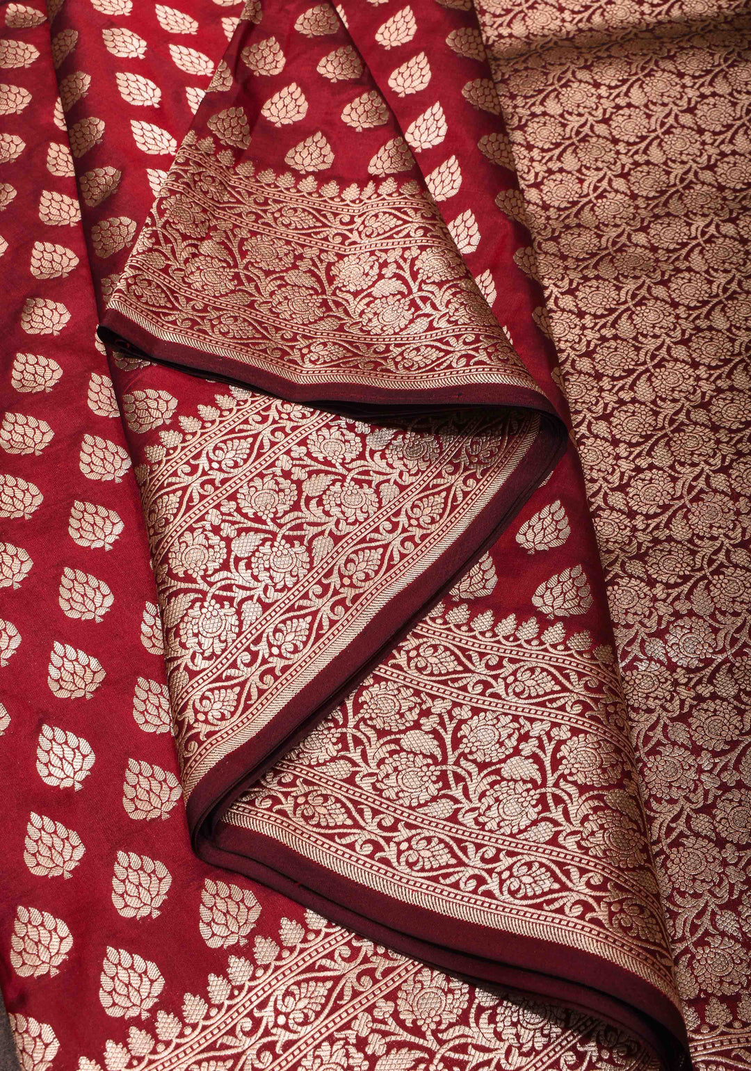 Maroon Banarasi Katan Silk Saree with damask motifs and zari border | SILK MARK CERTIFIED