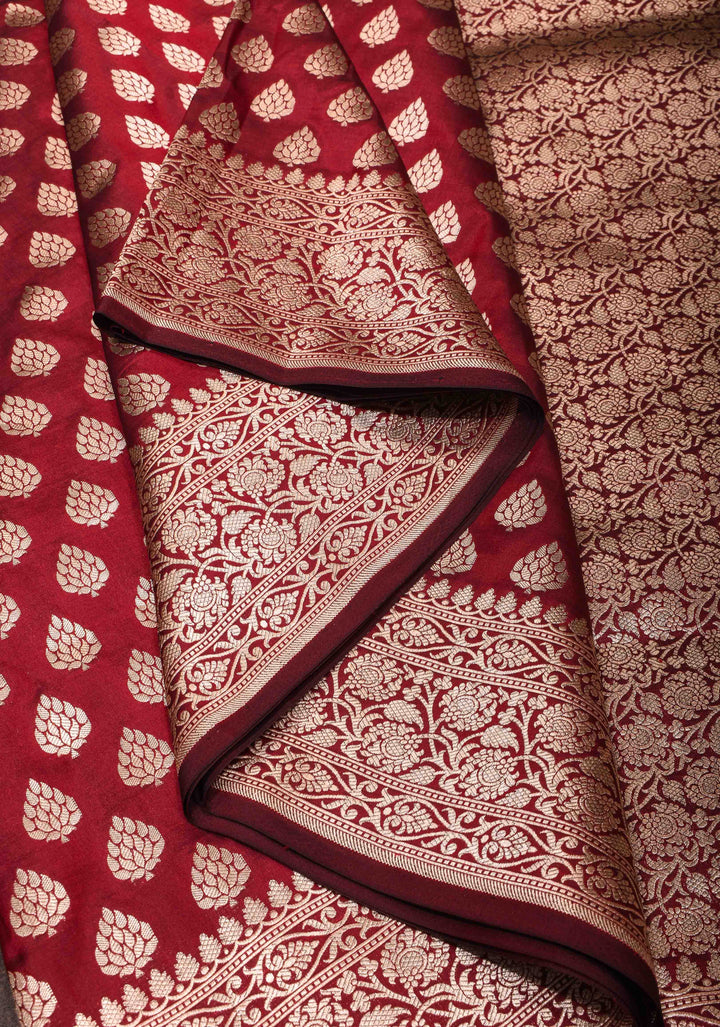 Maroon Banarasi Katan Silk Saree with damask motifs and zari border | SILK MARK CERTIFIED
