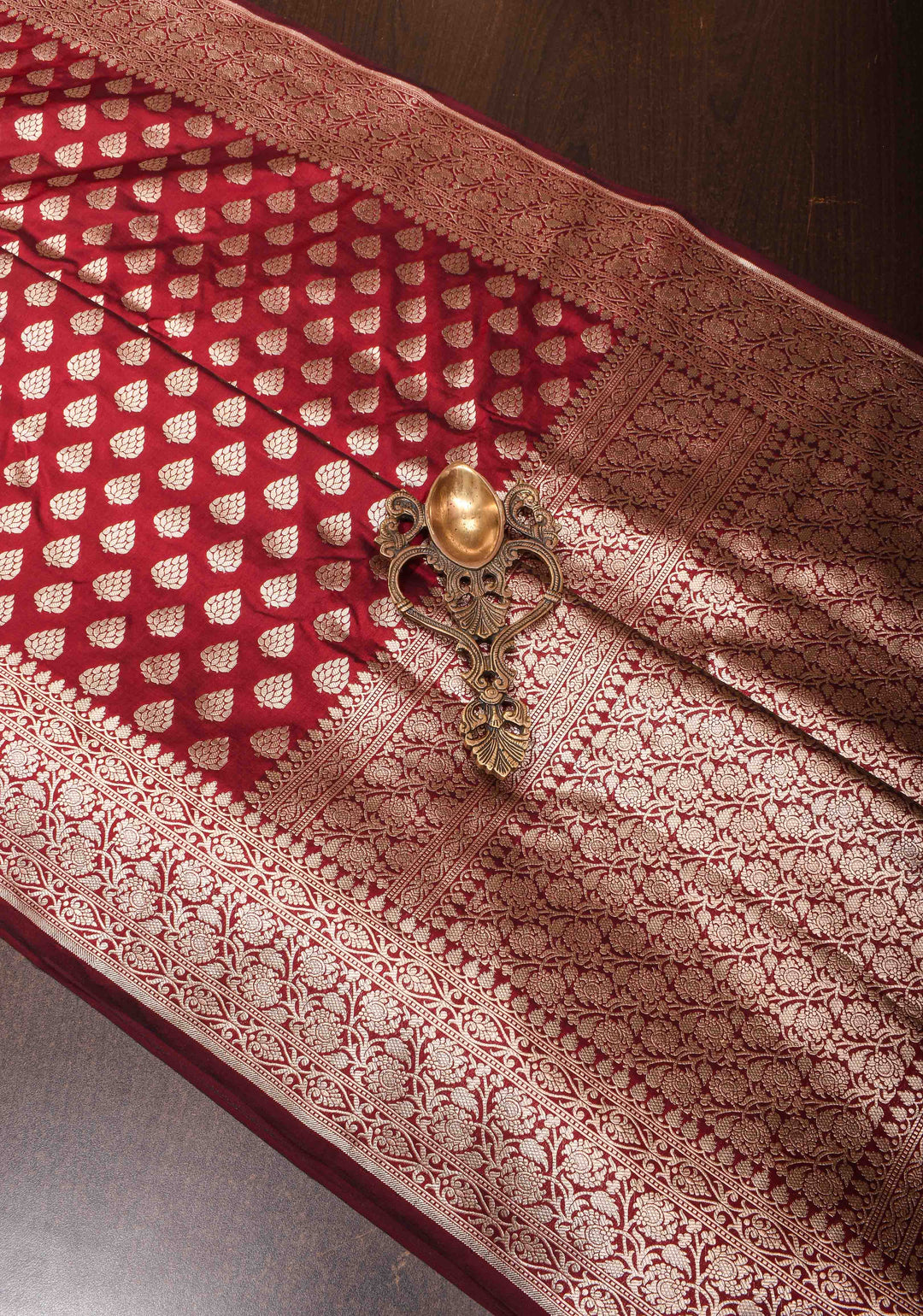 Maroon Banarasi Katan Silk Saree with damask motifs and zari border | SILK MARK CERTIFIED