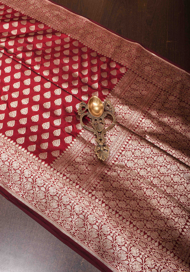 Maroon Banarasi Katan Silk Saree with damask motifs and zari border | SILK MARK CERTIFIED