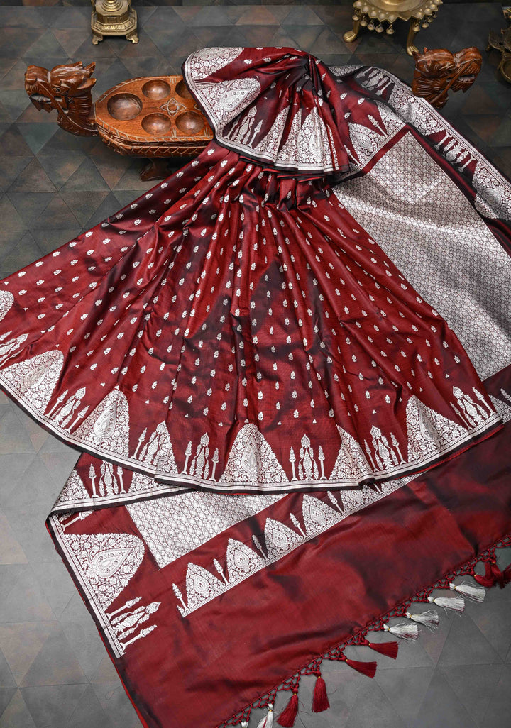 Marron Dual tone Mashru Silk Saree with Zari Butis and Silver Scalloped Border | SILK MARK CERTIFIED