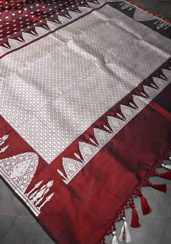 Marron Dual tone Mashru Silk Saree with Zari Butis and Silver Scalloped Border | SILK MARK CERTIFIED