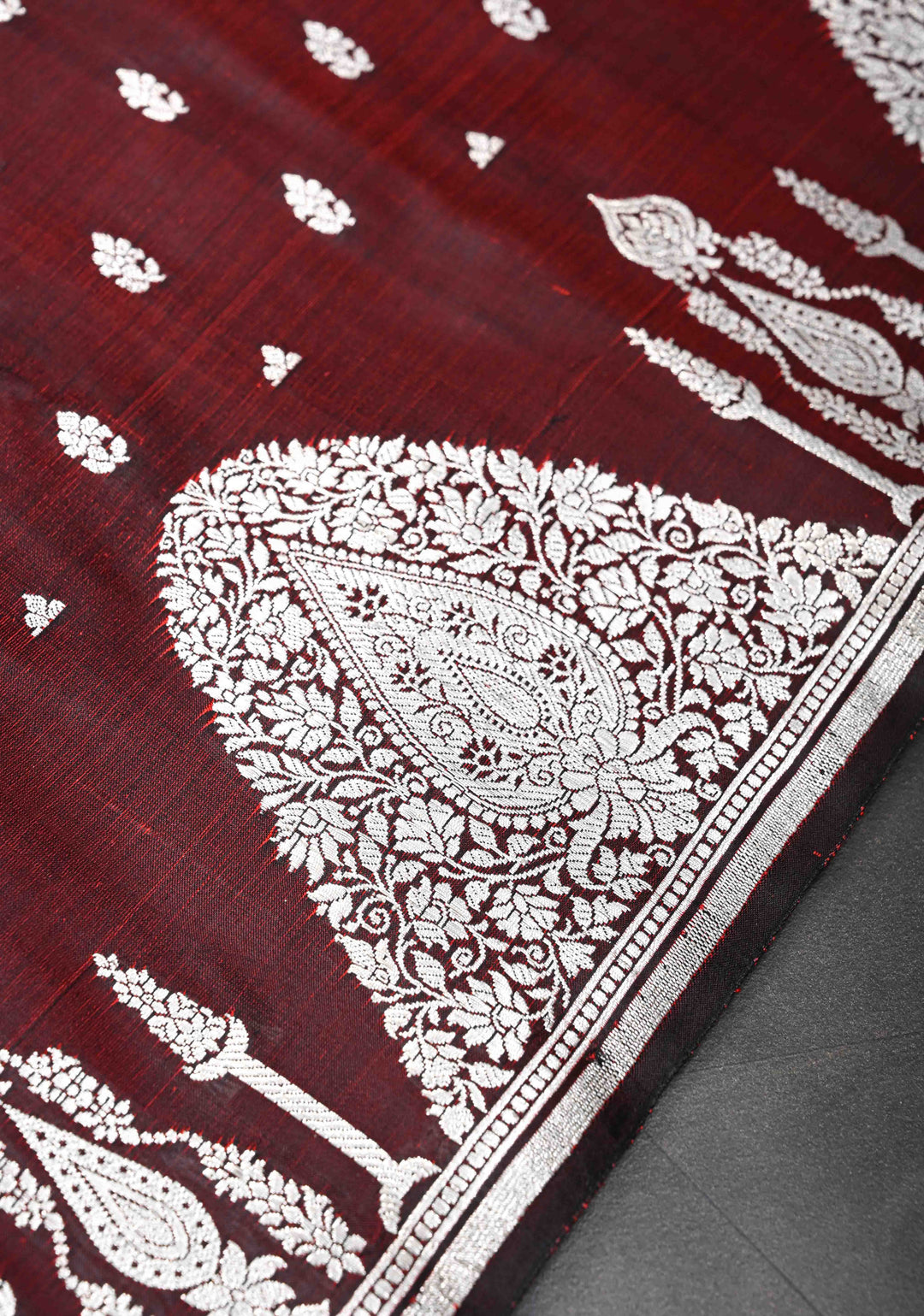 Marron Dual tone Mashru Silk Saree with Zari Butis and Silver Scalloped Border | SILK MARK CERTIFIED