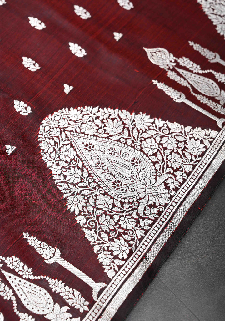 Marron Dual tone Mashru Silk Saree with Zari Butis and Silver Scalloped Border | SILK MARK CERTIFIED