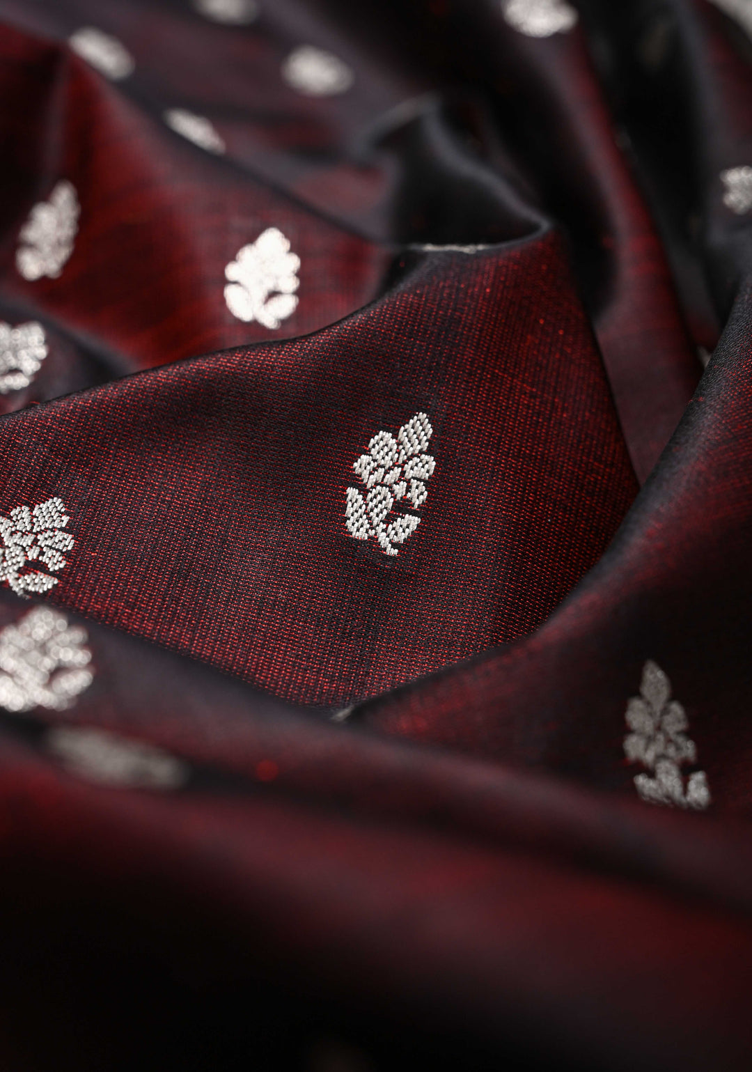 Marron Dual tone Mashru Silk Saree with Zari Butis and Silver Scalloped Border | SILK MARK CERTIFIED