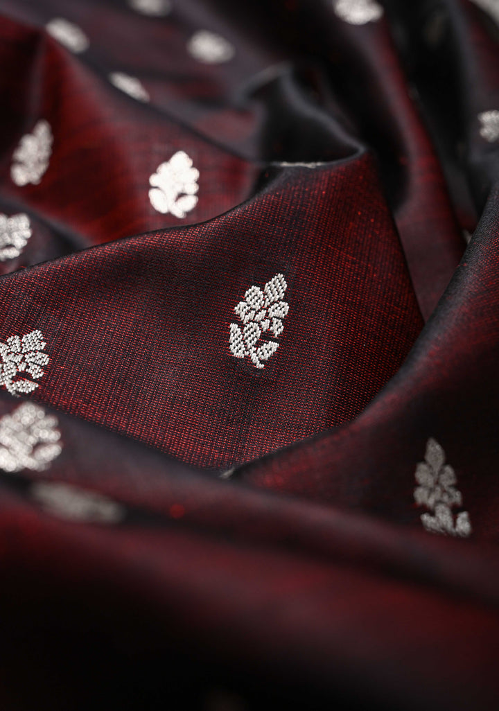 Marron Dual tone Mashru Silk Saree with Zari Butis and Silver Scalloped Border | SILK MARK CERTIFIED