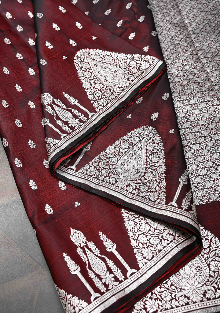 Marron Dual tone Mashru Silk Saree with Zari Butis and Silver Scalloped Border | SILK MARK CERTIFIED