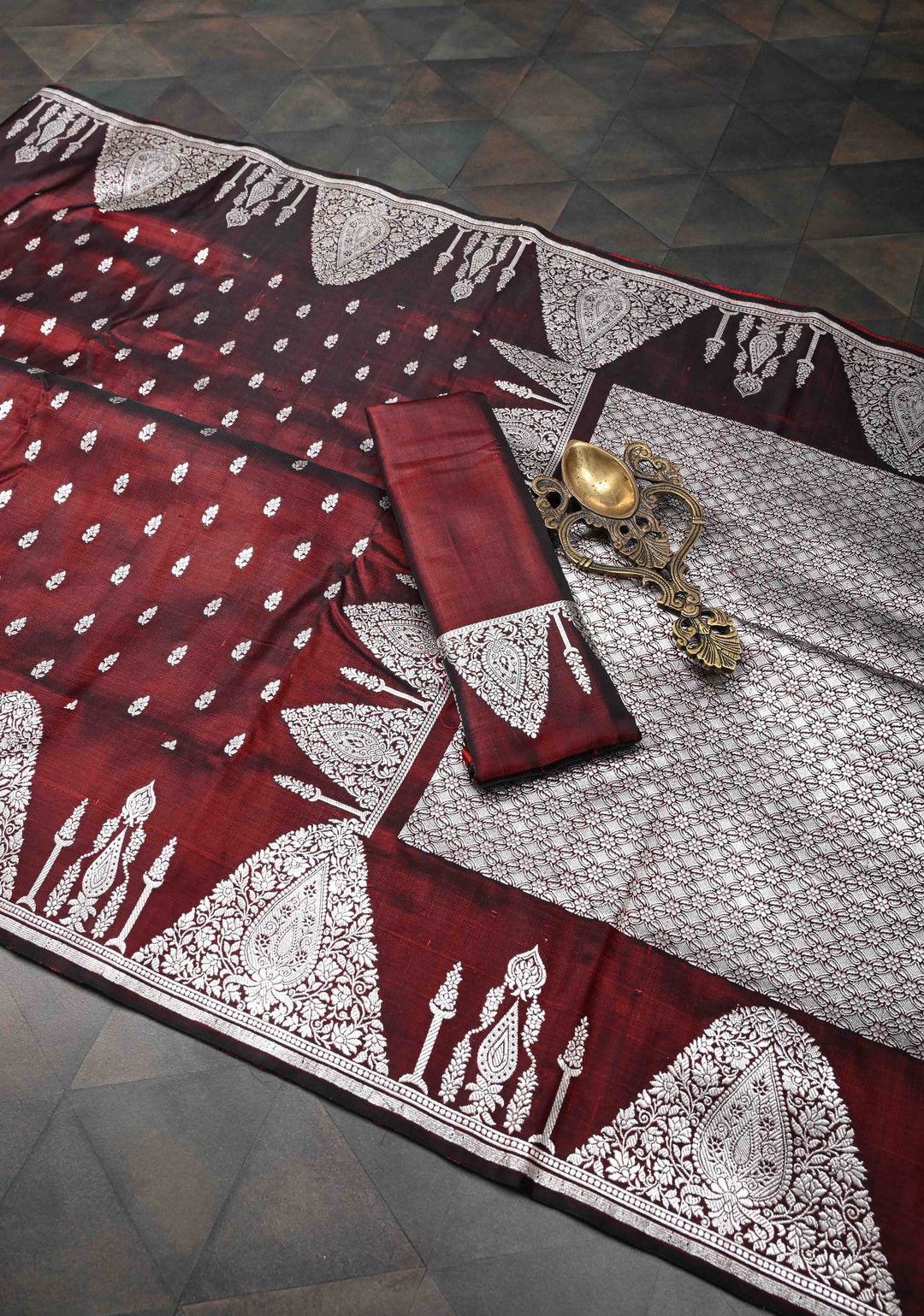 Marron Dual tone Mashru Silk Saree with Zari Butis and Silver Scalloped Border | SILK MARK CERTIFIED