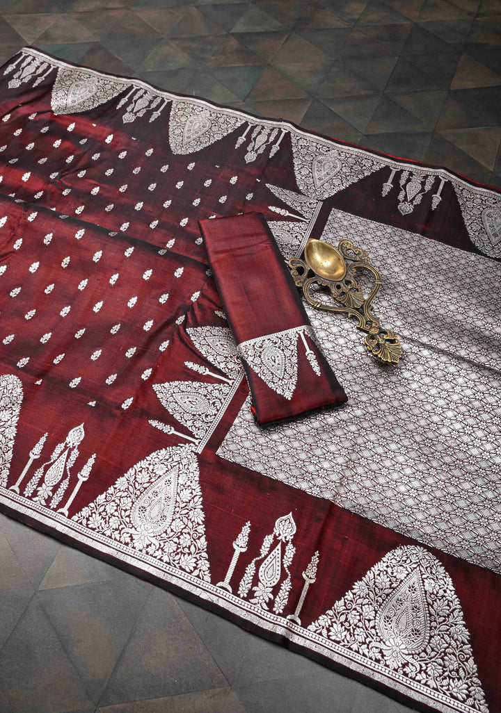 Marron Dual tone Mashru Silk Saree with Zari Butis and Silver Scalloped Border | SILK MARK CERTIFIED