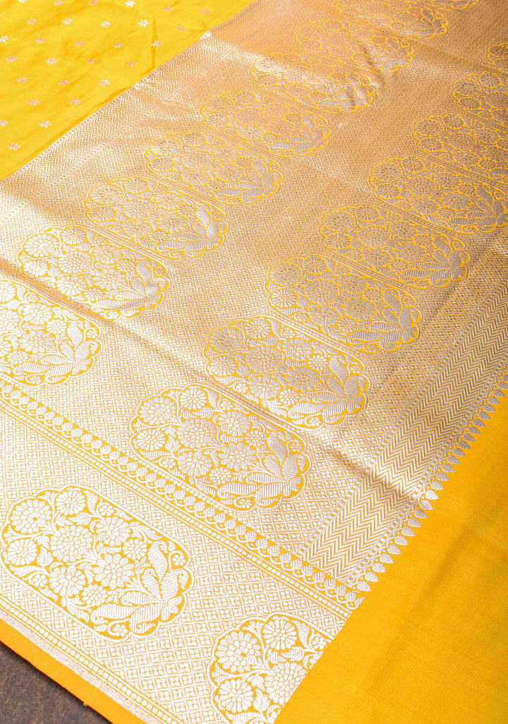 Stunning Yellow Mashru Silk Saree with Floral Butti and Zari Border | SILK MARK CERTIFIED