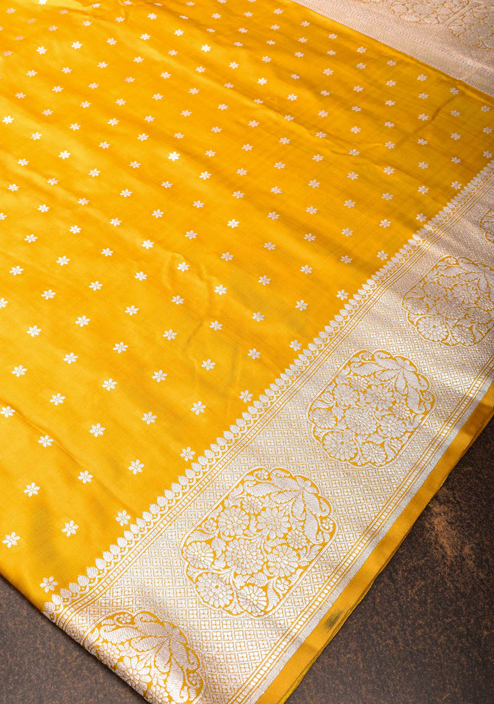 Stunning Yellow Mashru Silk Saree with Floral Butti and Zari Border | SILK MARK CERTIFIED