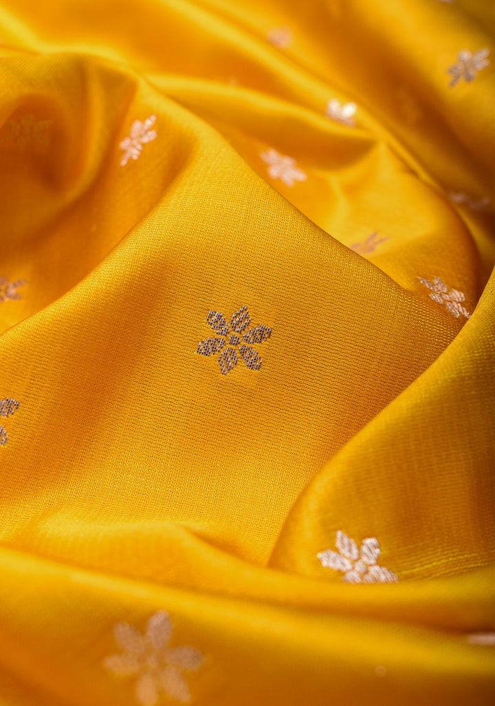Stunning Yellow Mashru Silk Saree with Floral Butti and Zari Border | SILK MARK CERTIFIED