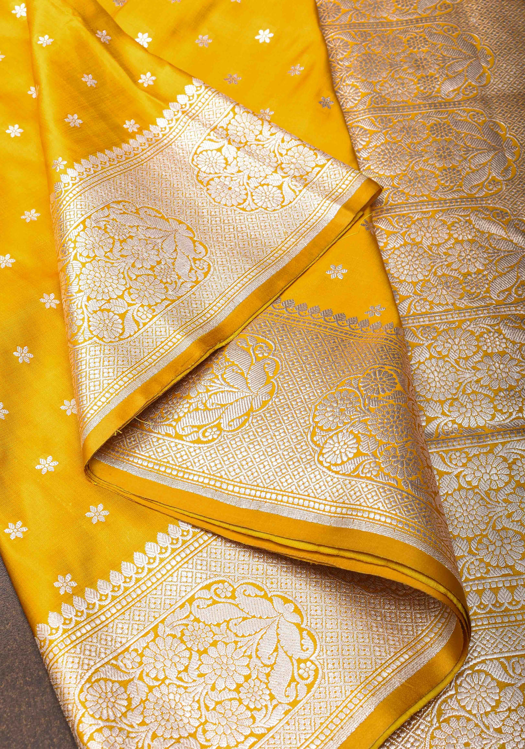 Stunning Yellow Mashru Silk Saree with Floral Butti and Zari Border | SILK MARK CERTIFIED