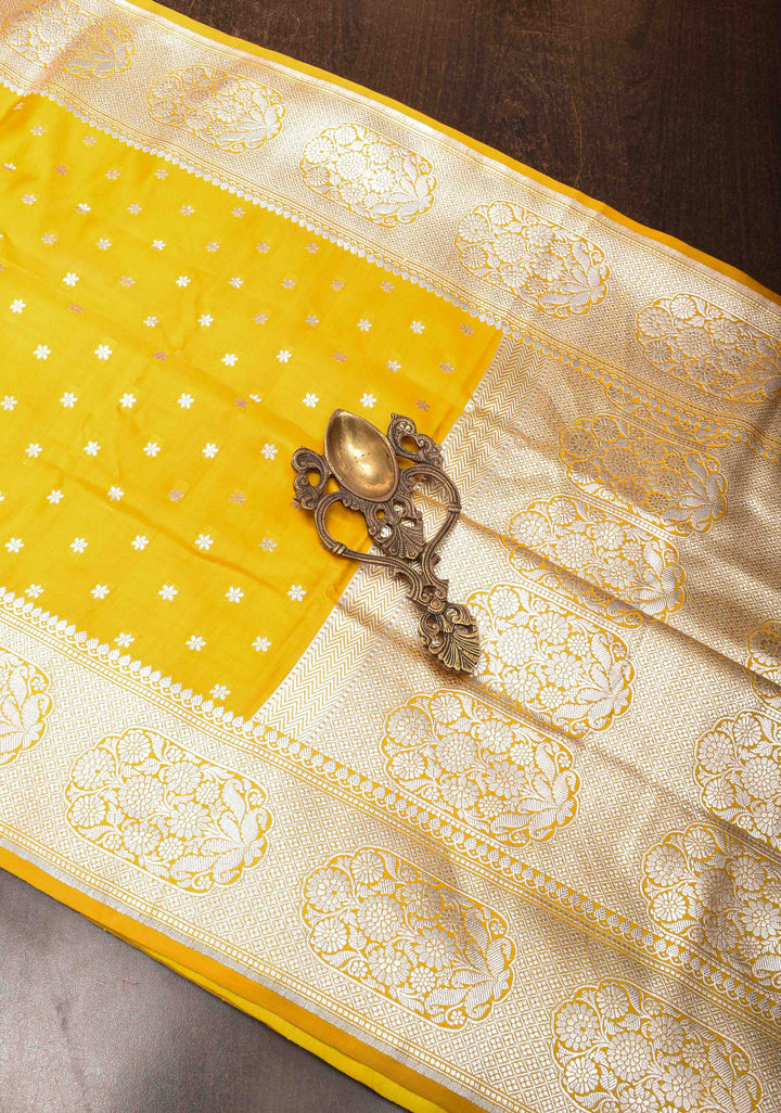 Stunning Yellow Mashru Silk Saree with Floral Butti and Zari Border | SILK MARK CERTIFIED