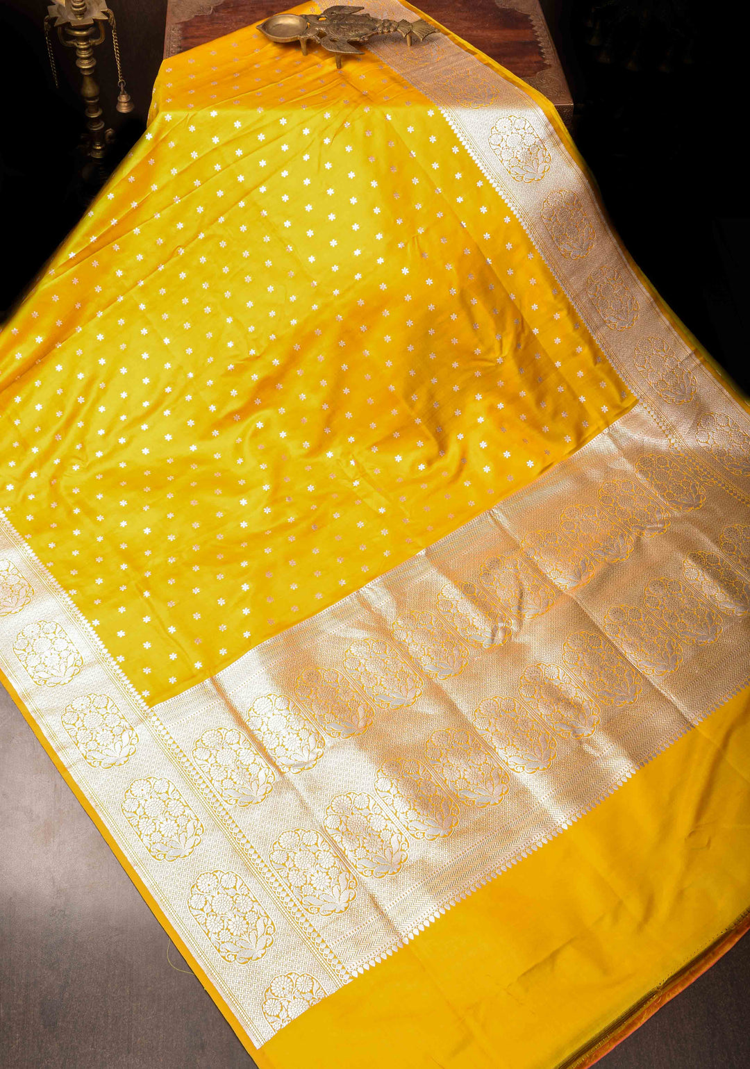 Stunning Yellow Mashru Silk Saree with Floral Butti and Zari Border | SILK MARK CERTIFIED