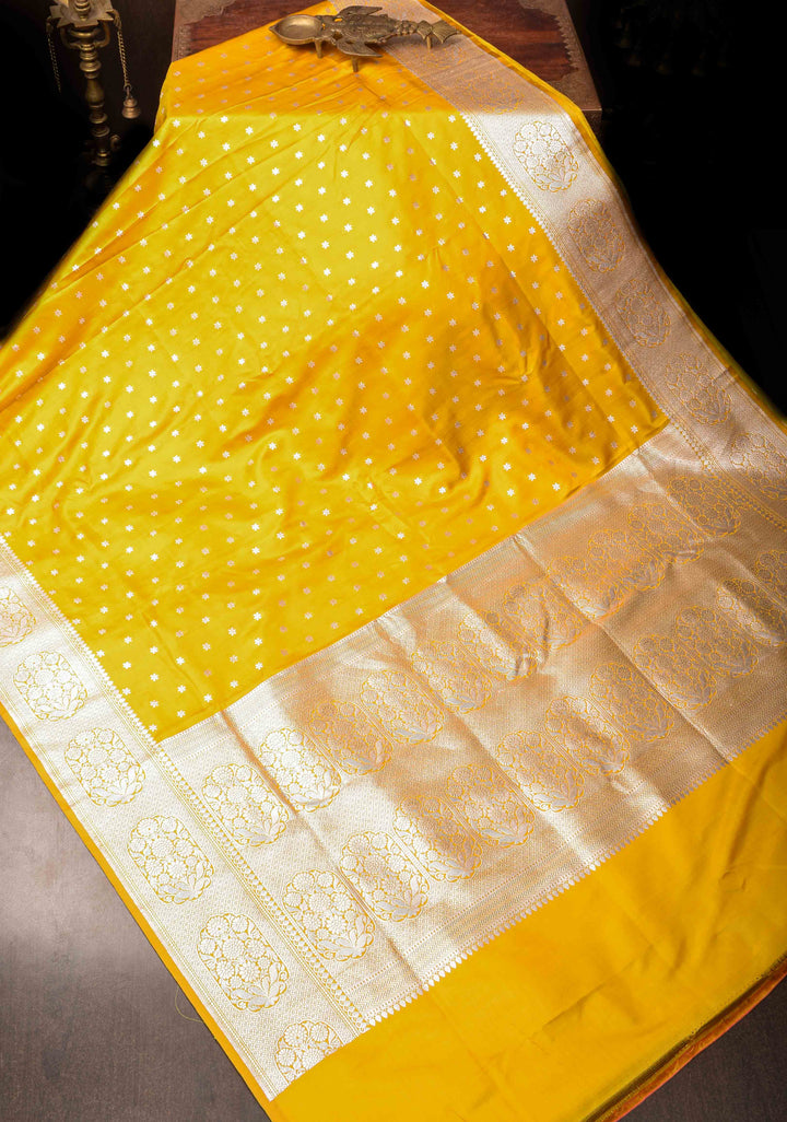 Stunning Yellow Mashru Silk Saree with Floral Butti and Zari Border | SILK MARK CERTIFIED