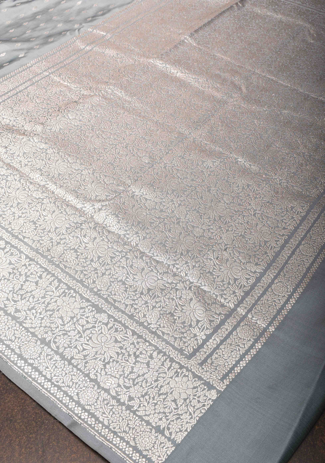 Pastel Grey Mashru Silk Saree with Zari Butis and Intricate Silver Zari Border | SILK MARK Certified