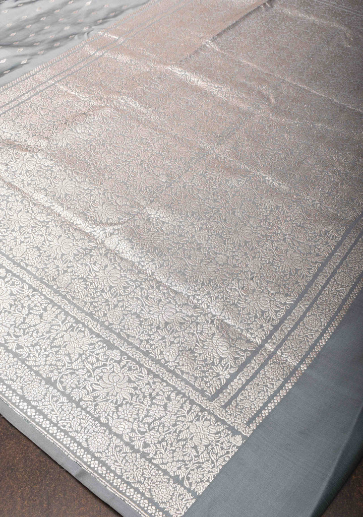 Pastel Grey Mashru Silk Saree with Zari Butis and Intricate Silver Zari Border | SILK MARK Certified