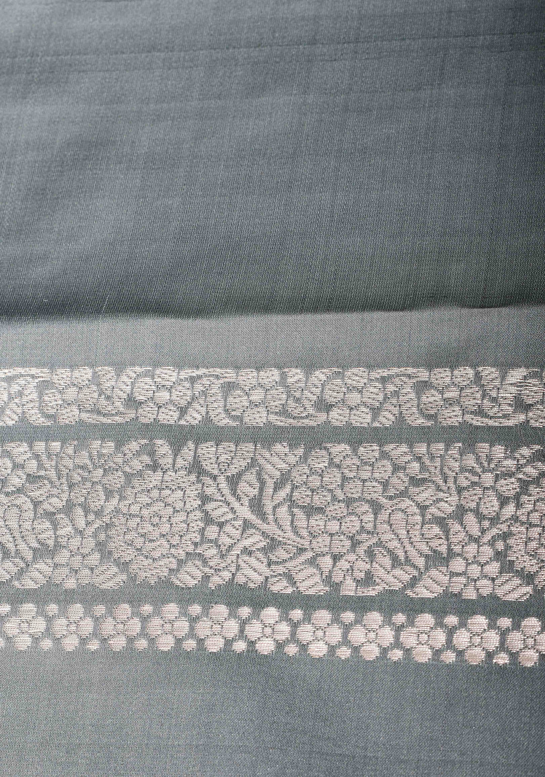 Pastel Grey Mashru Silk Saree with Zari Butis and Intricate Silver Zari Border | SILK MARK Certified