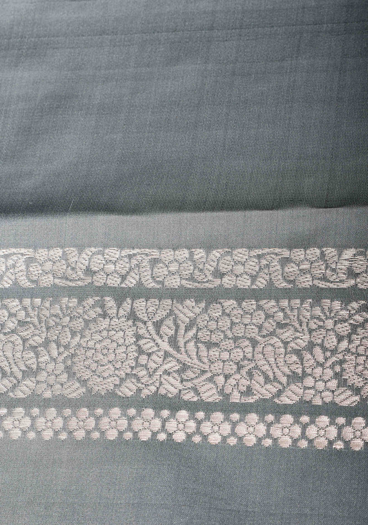 Pastel Grey Mashru Silk Saree with Zari Butis and Intricate Silver Zari Border | SILK MARK Certified