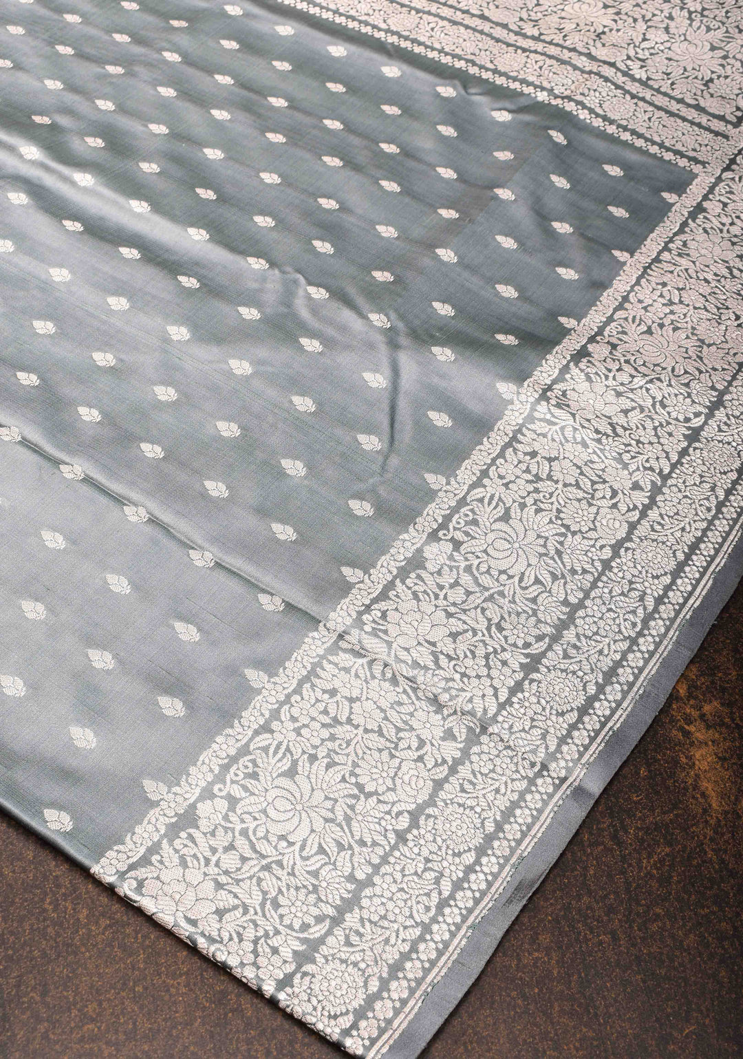 Pastel Grey Mashru Silk Saree with Zari Butis and Intricate Silver Zari Border | SILK MARK Certified
