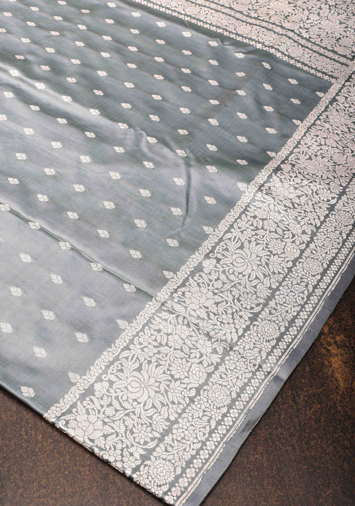 Pastel Grey Mashru Silk Saree with Zari Butis and Intricate Silver Zari Border | SILK MARK Certified