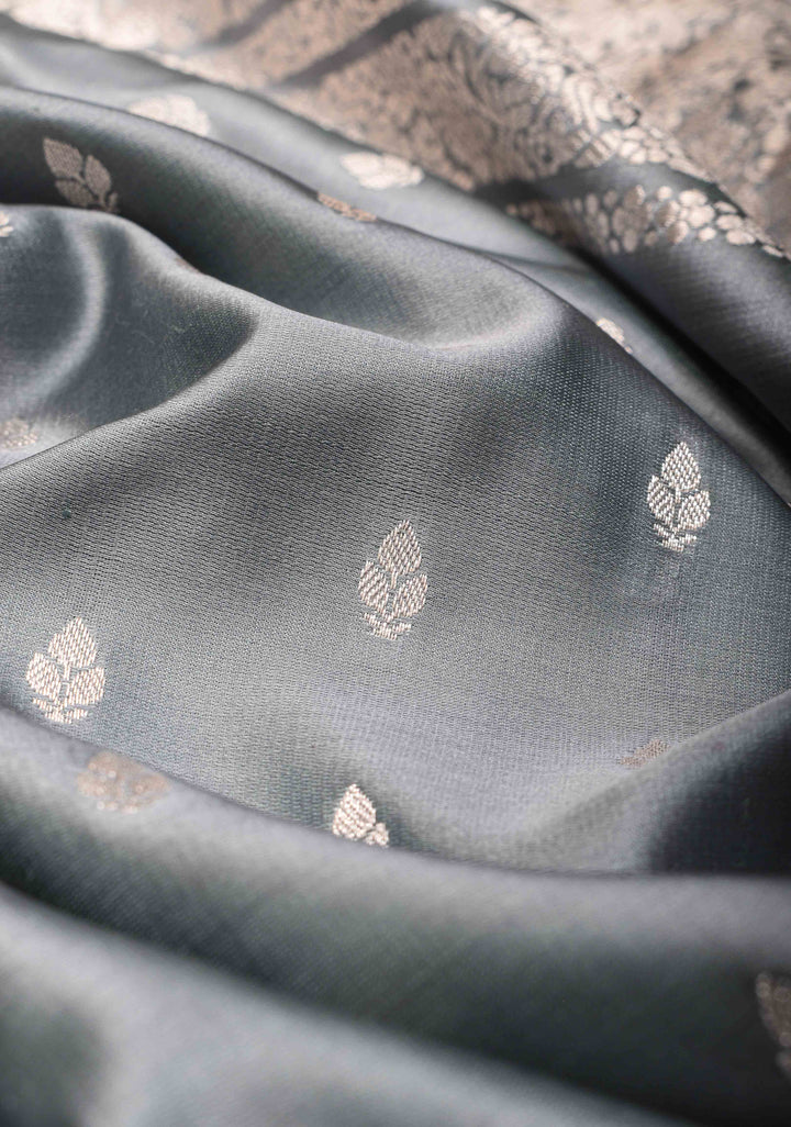 Pastel Grey Mashru Silk Saree with Zari Butis and Intricate Silver Zari Border | SILK MARK Certified