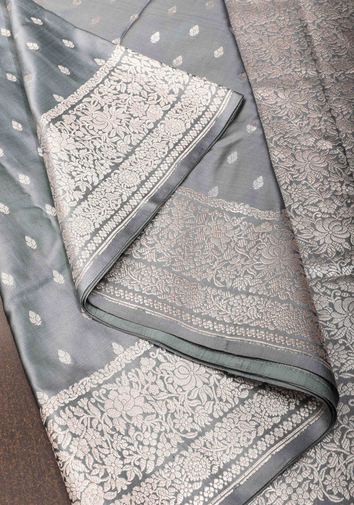 Pastel Grey Mashru Silk Saree with Zari Butis and Intricate Silver Zari Border | SILK MARK Certified