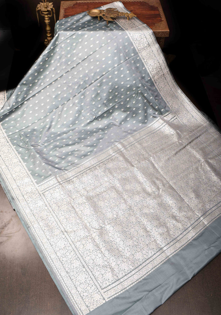 Pastel Grey Mashru Silk Saree with Zari Butis and Intricate Silver Zari Border | SILK MARK Certified
