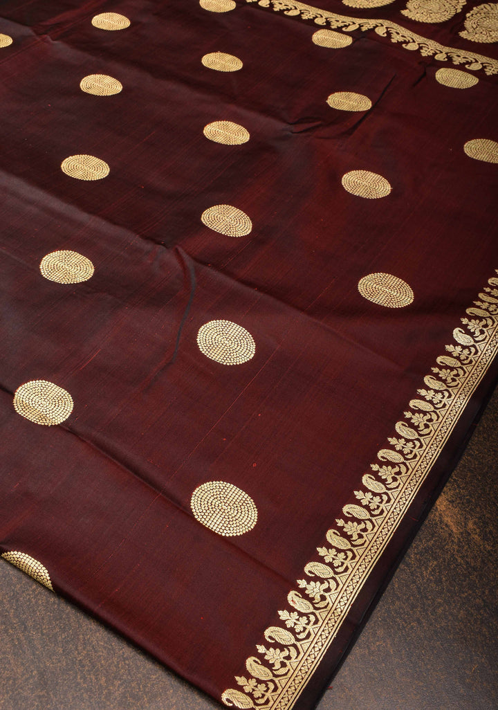 Brown Mashru Silk Saree with Zari Butta and Minimal Zari Border | Silk Mark Certified