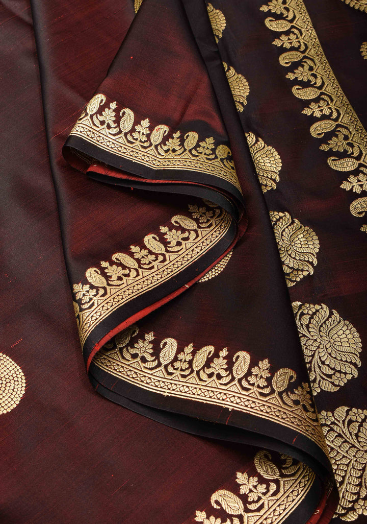 Brown Mashru Silk Saree with Zari Butta and Minimal Zari Border | Silk Mark Certified