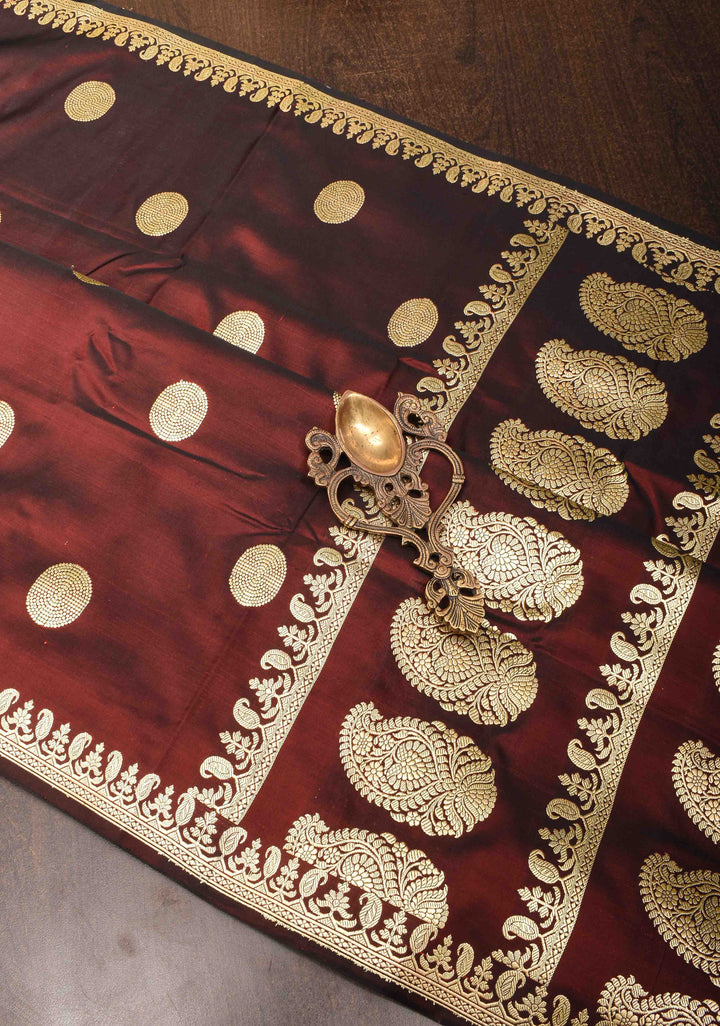 Brown Mashru Silk Saree with Zari Butta and Minimal Zari Border | Silk Mark Certified