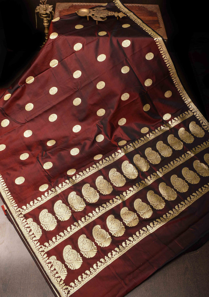 Brown Mashru Silk Saree with Zari Butta and Minimal Zari Border | Silk Mark Certified