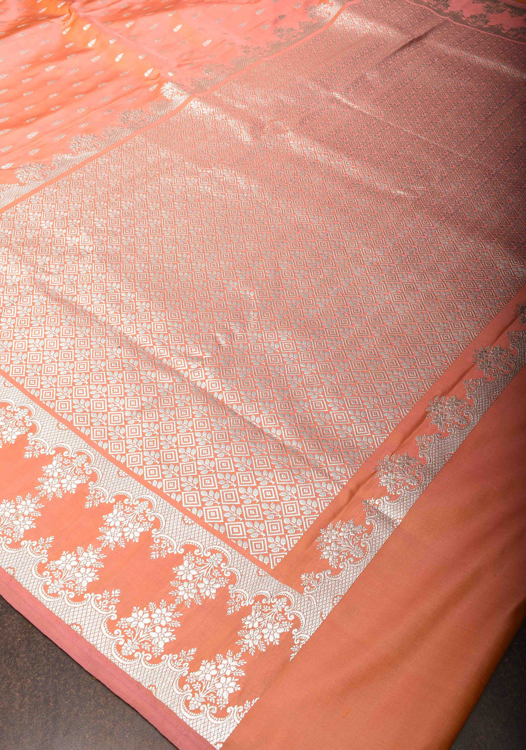 Peach Mashru silk Saree with Floral butis and Zari Border | SILK MARK CERTIFIED