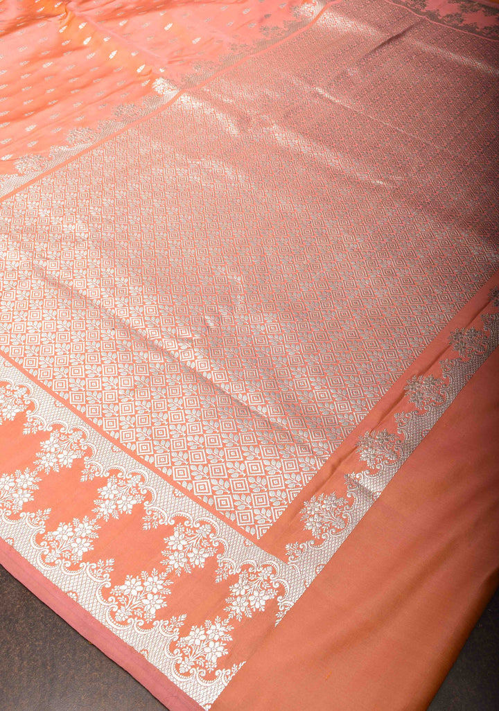 Peach Mashru silk Saree with Floral butis and Zari Border | SILK MARK CERTIFIED