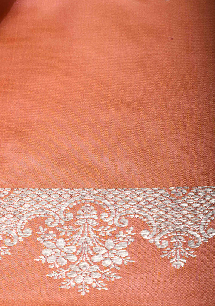 Peach Mashru silk Saree with Floral butis and Zari Border | SILK MARK CERTIFIED